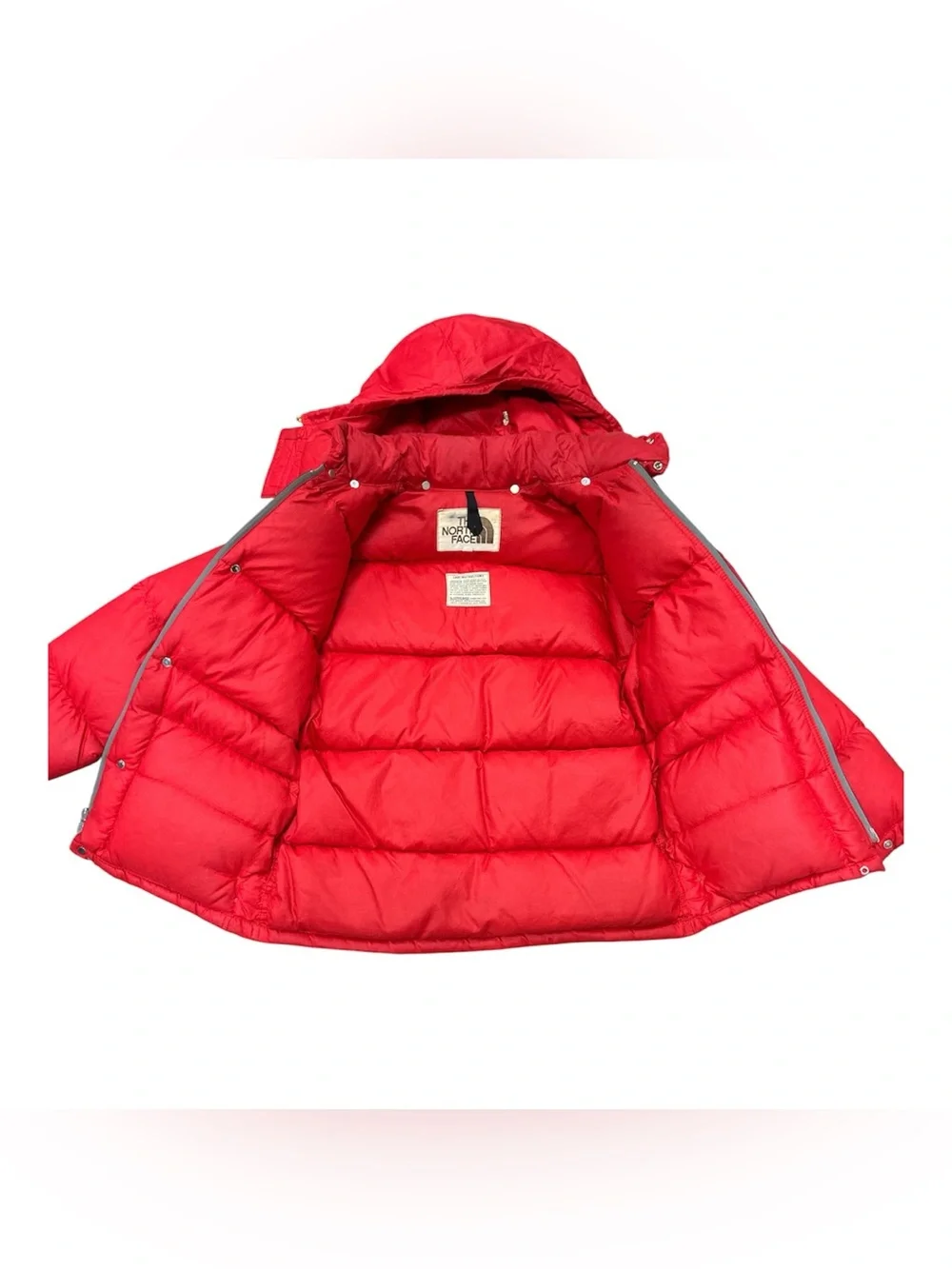 Vintage 70s The North Face Brown Label Red Down Puffer Hooded Jacket Size: XS